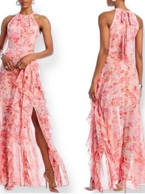 eliza j reverse halter dress pink Eliza J Petite Bow Halter Midi Dress